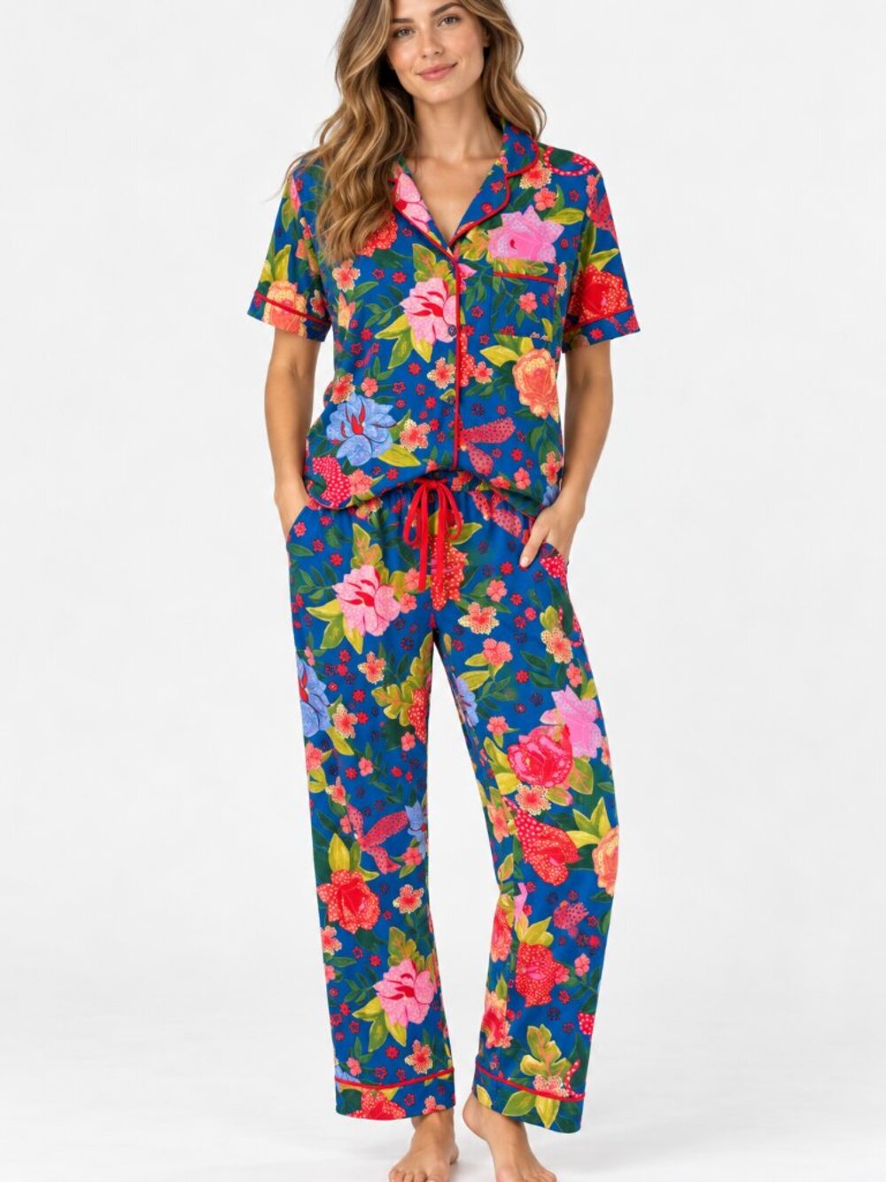 Room Service Small Blue Floral Animal Print Two Piece Pajama Set